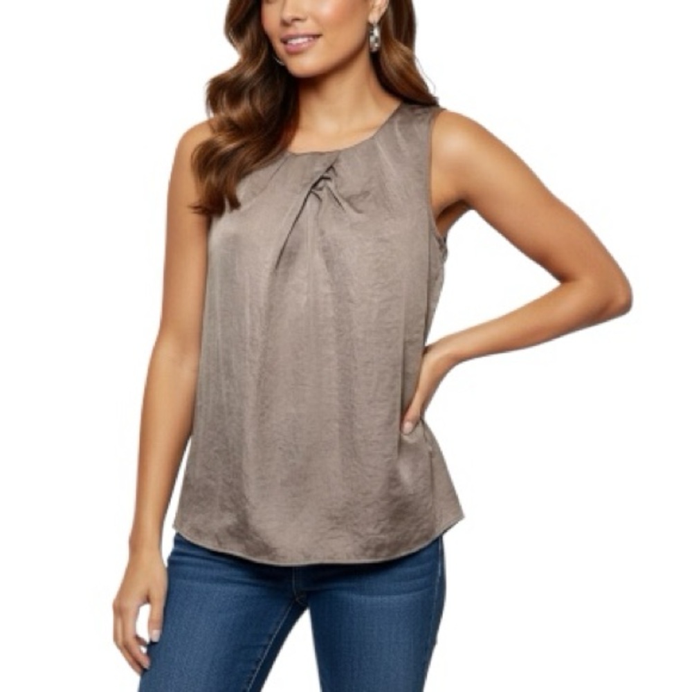 LOFT Satin Crinkle Pintuck Pleat Shiny Top Sleeveless Blouse Brown Tan XS Office